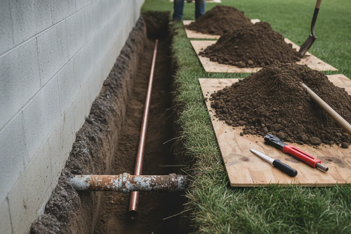 Excavated water line trench during Sewer Line Repair in North Chicago